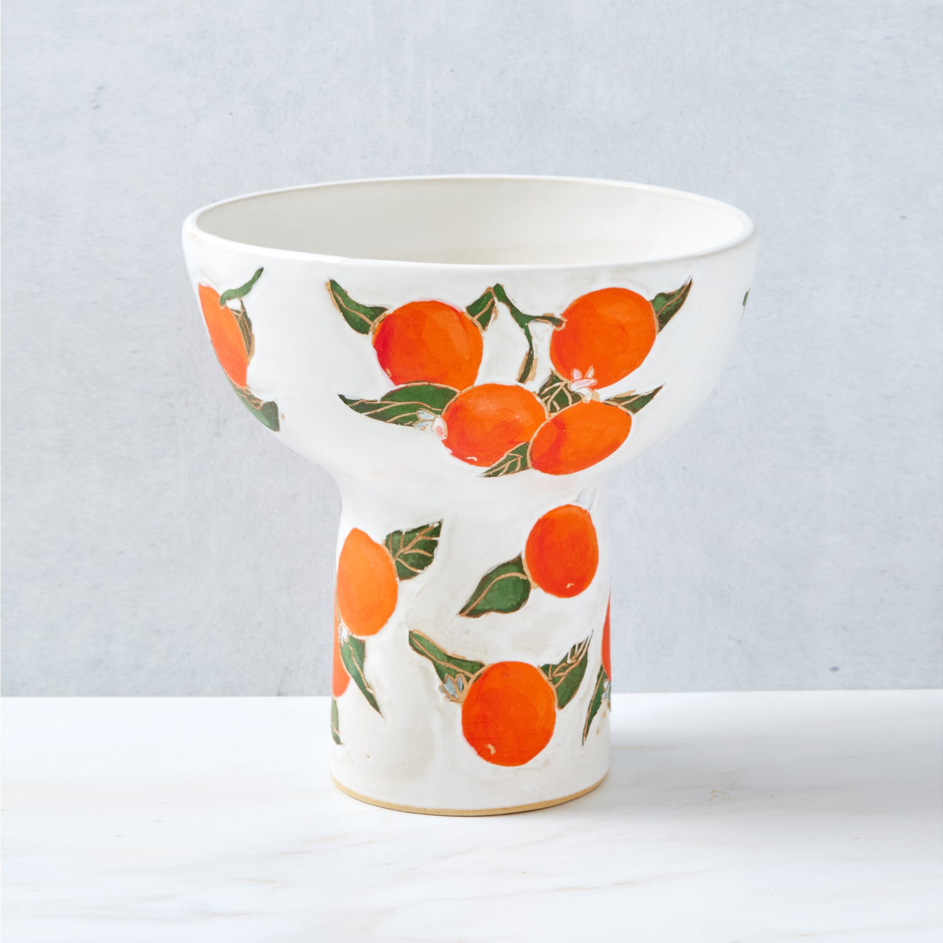 Hand Carved Pedestal Bowl, Oranges