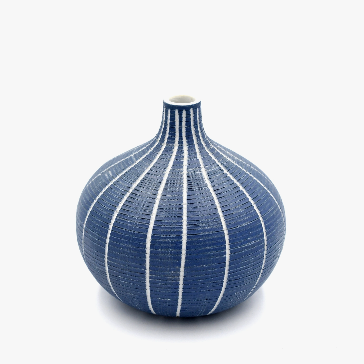Handmade Round Coral Bud Vase, Indigo Stripe