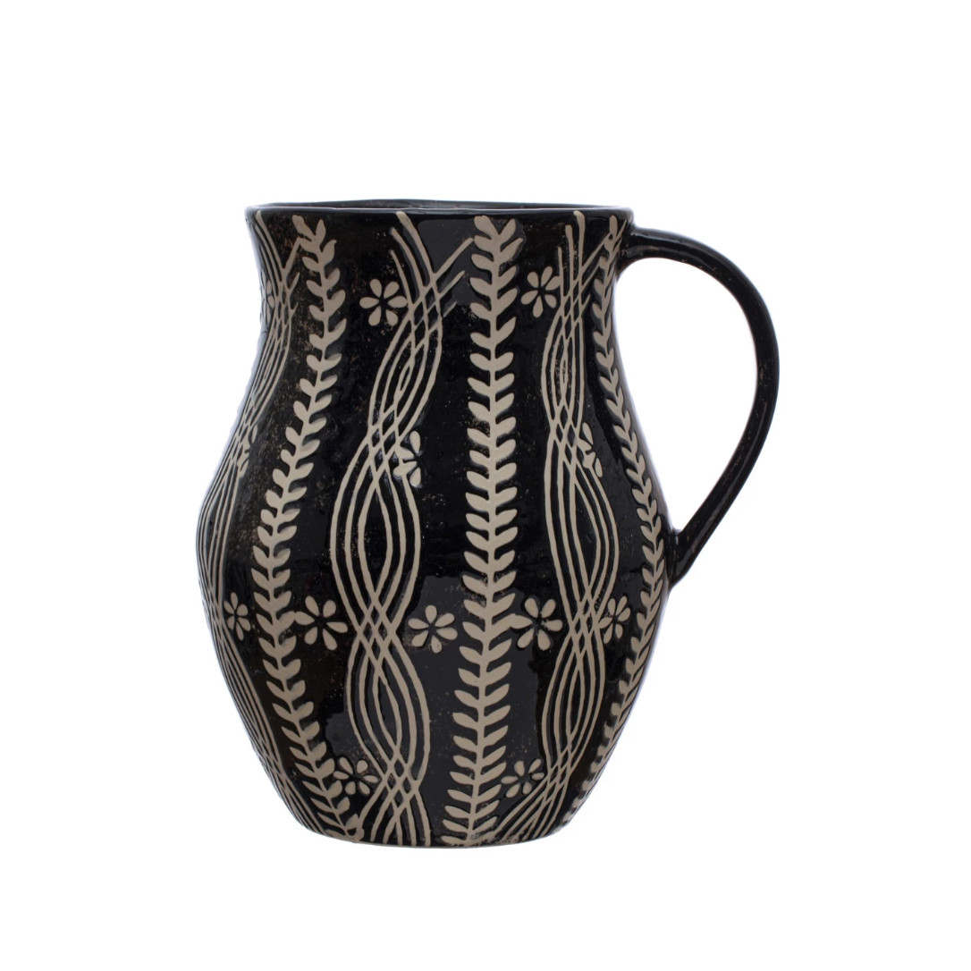 Stoneware Pitcher with Floral Pattern