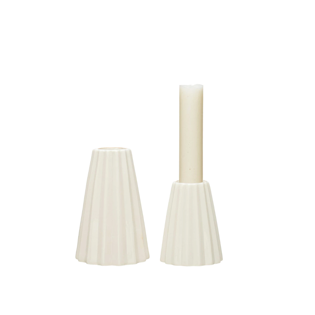 Fluted Stoneware Candle Holder, Set of 2