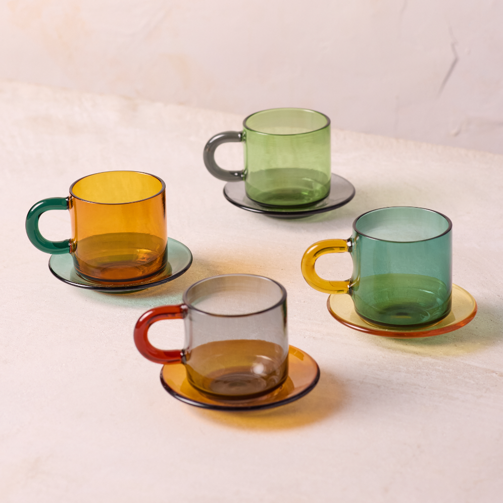 Colored Glass Espresso Cup & Saucer, Set of 4