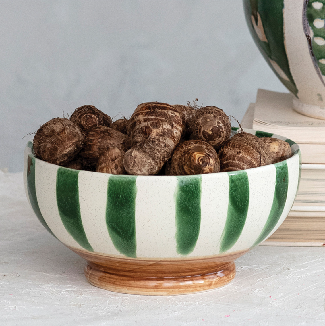 Green Striped Footed Serving Bowl