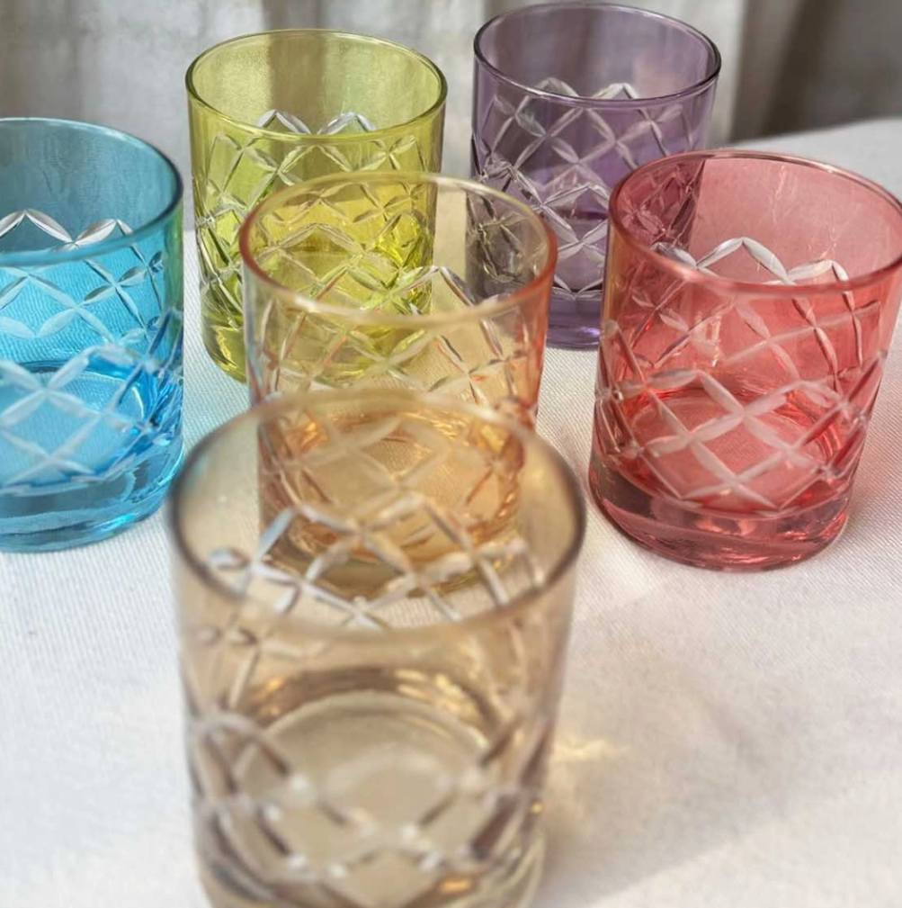 Moroccan Carved Cross Tumbler Glass, Set of 6