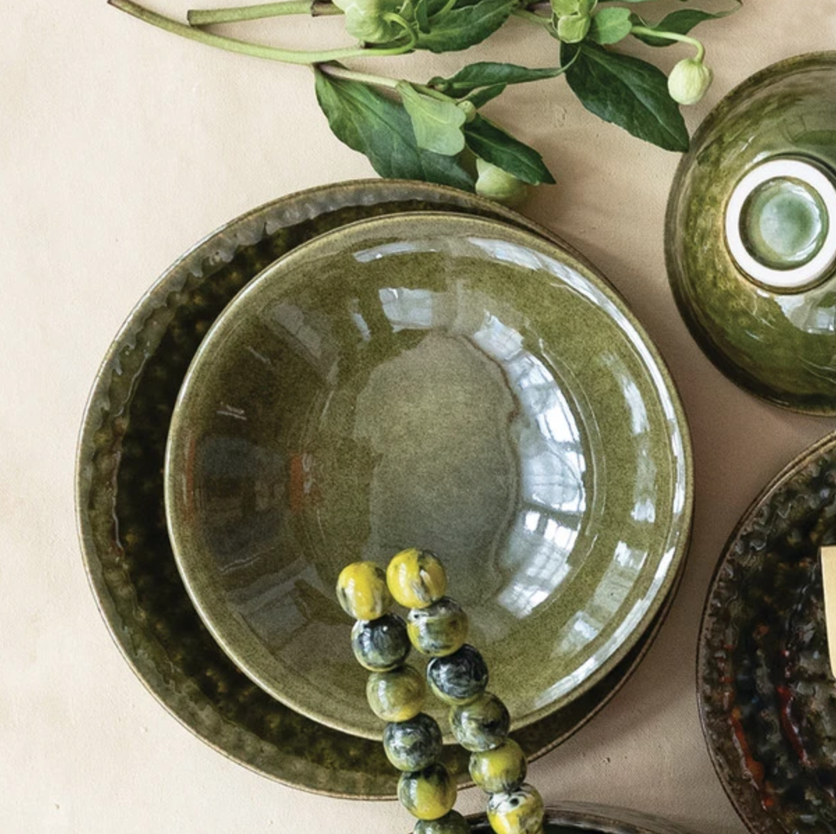 Moss Green Shallow Serving Bowl