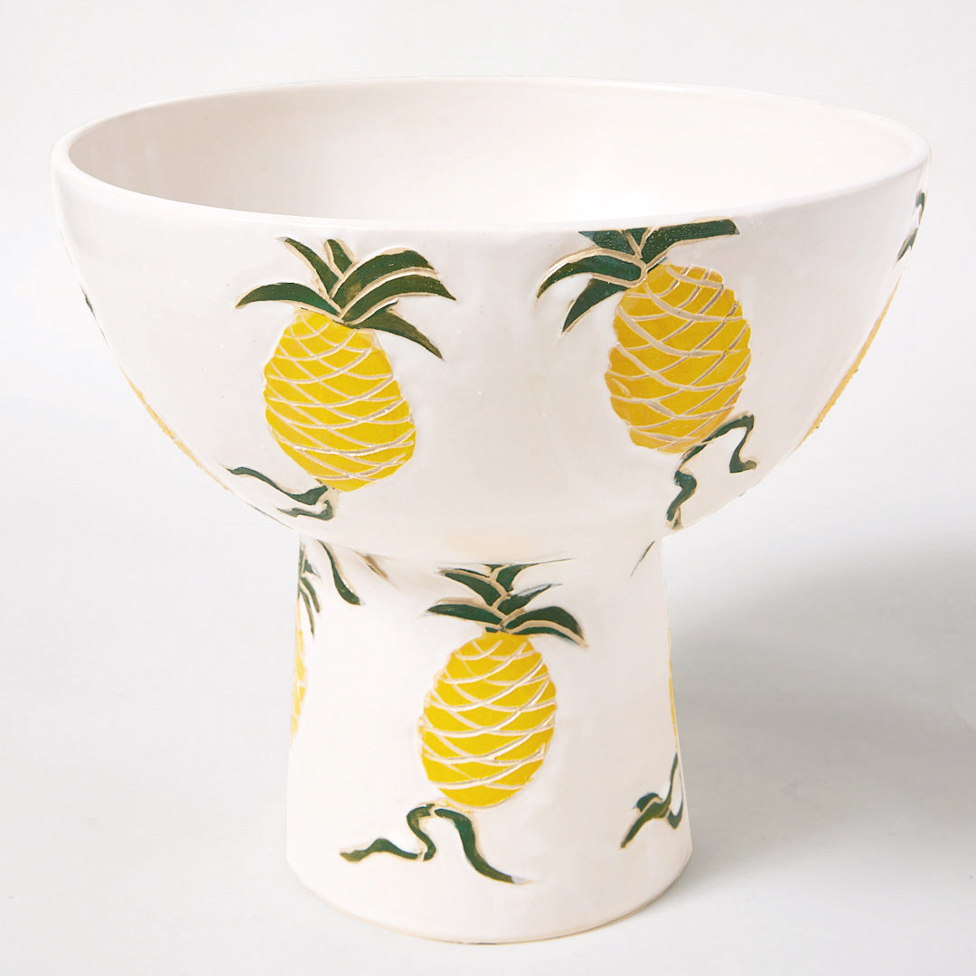Hand Carved Pedestal Bowl, Pineapples