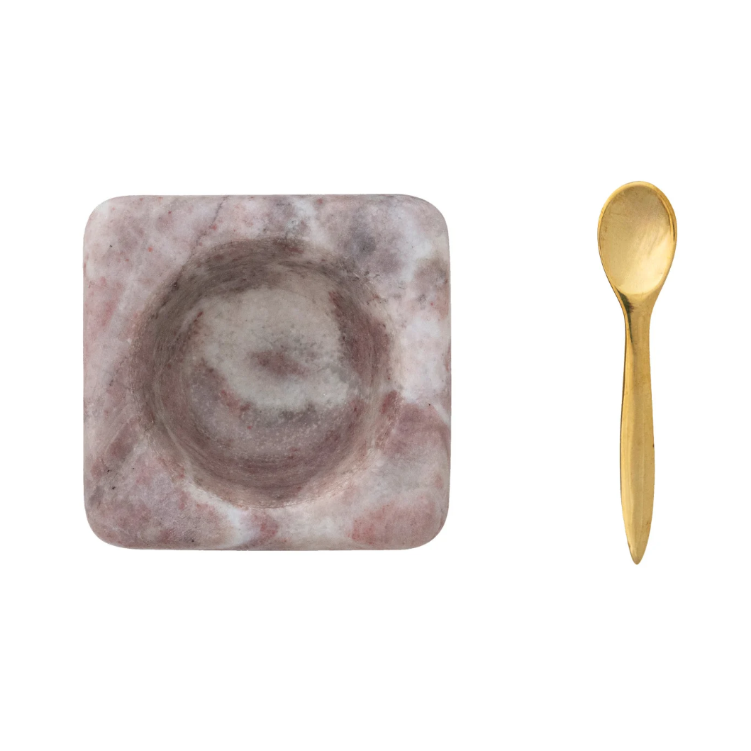 Pink Marble Bowl with Brass Spoon, Set of 2