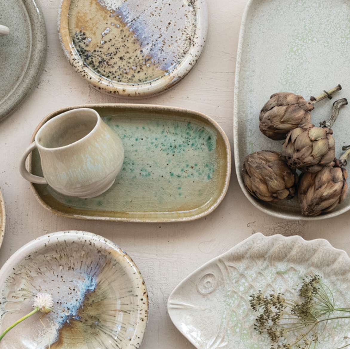 Pink Stoneware Platter w/Aqua Crackle Glaze