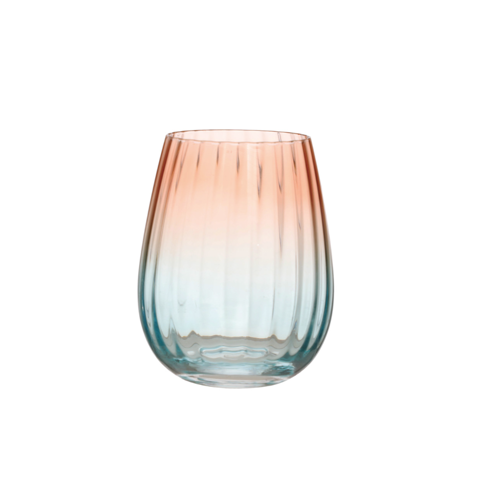 Pink Ribbed Stemless Wine Glass