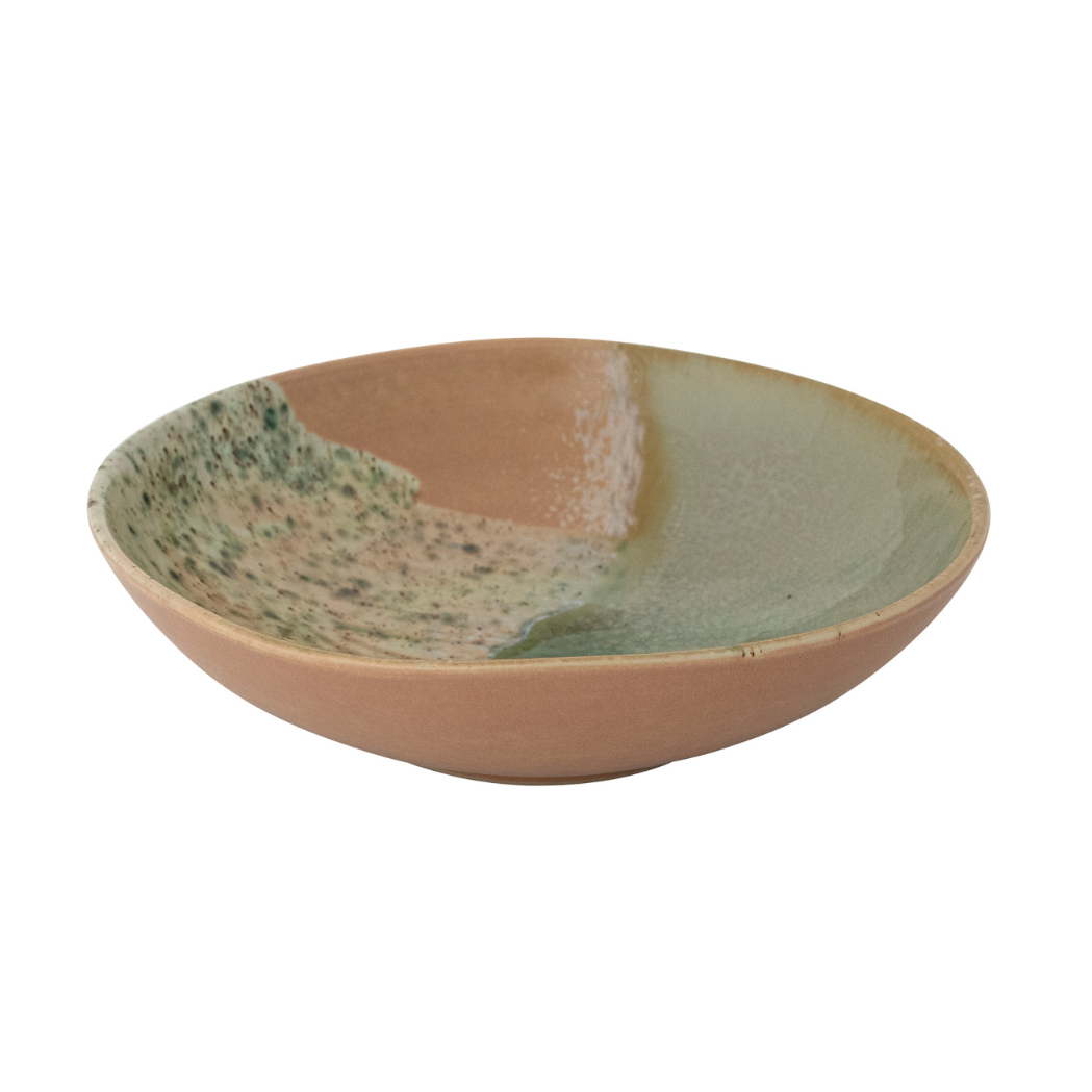 Pink Stoneware Serving Bowl w/Aqua Crackle Glaze
