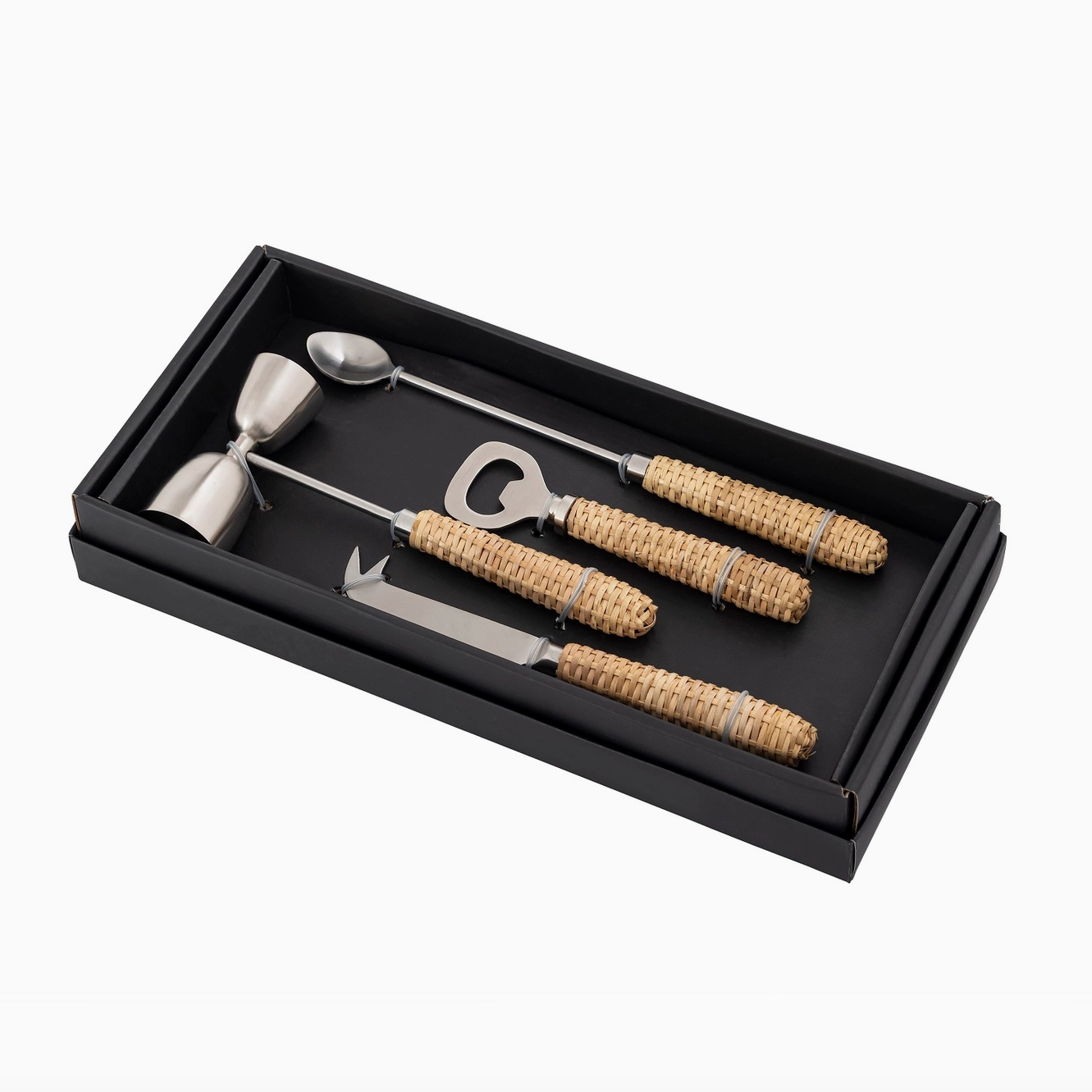 Stainless Steel & Rattan Bar Set