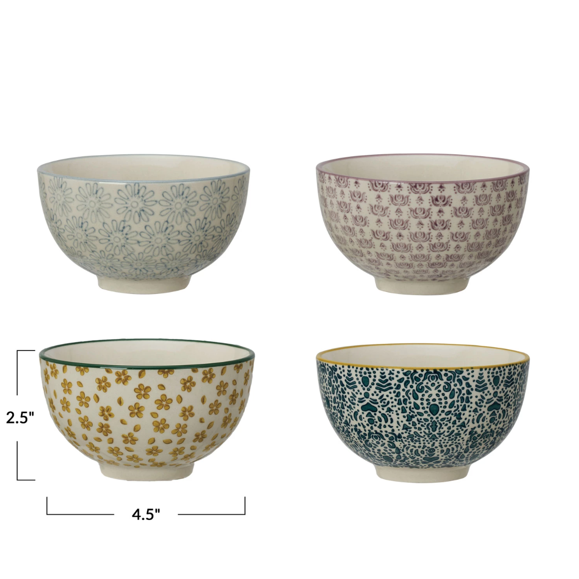 Hand Stamped Stoneware Bowls, Set of 4