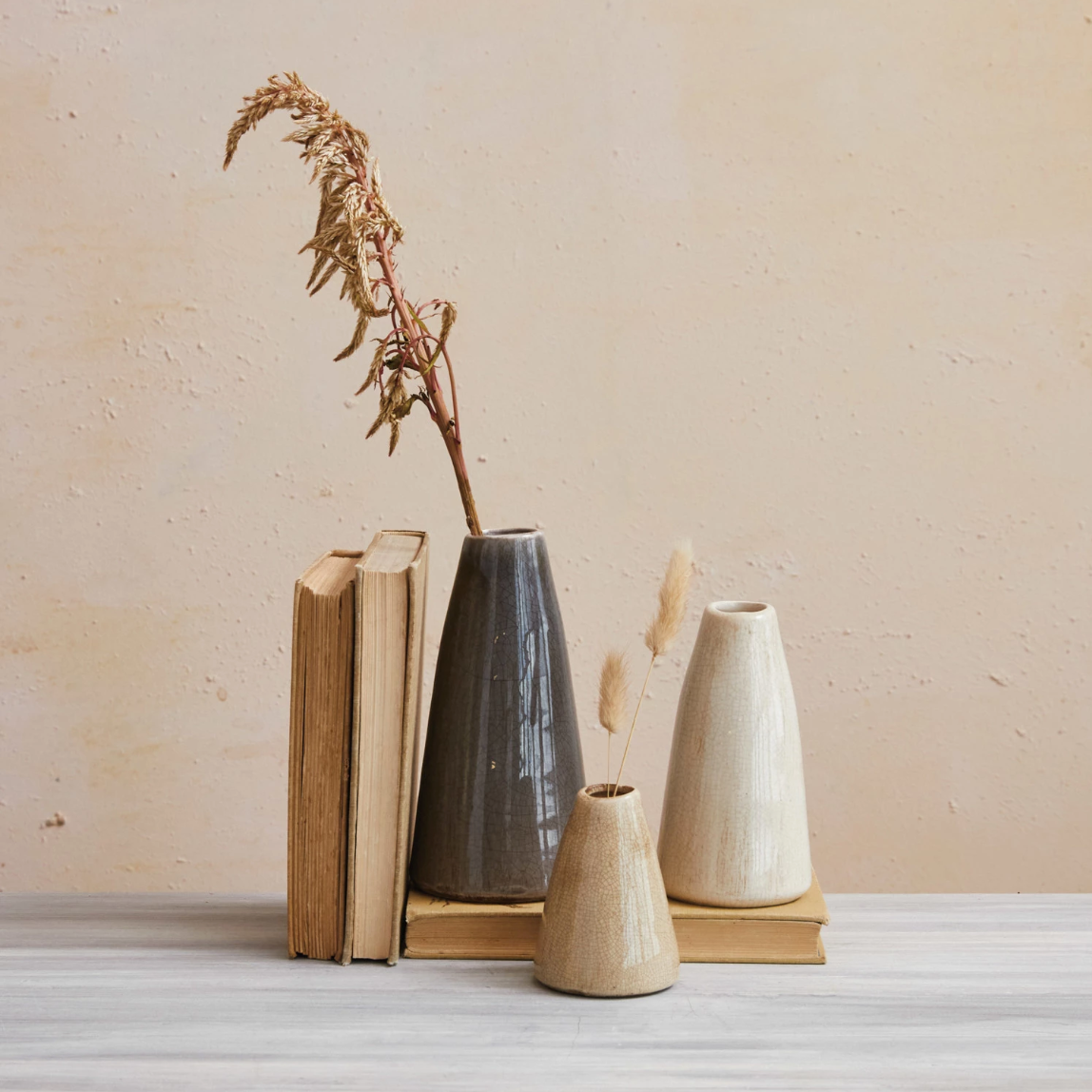 Terracotta Vase with Crackle Glaze, Set of 3