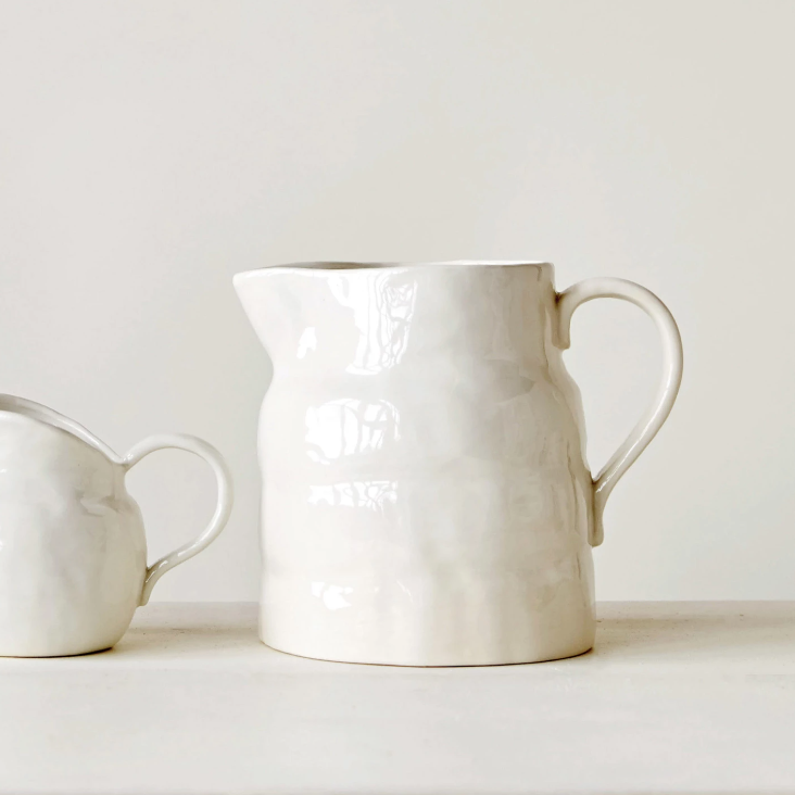 Handcrafted White Stoneware Pitcher, Wide