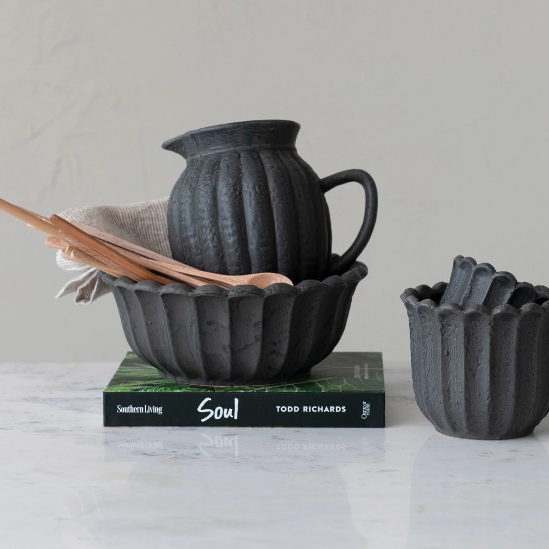 Stoneware Fluted Pitcher, Black