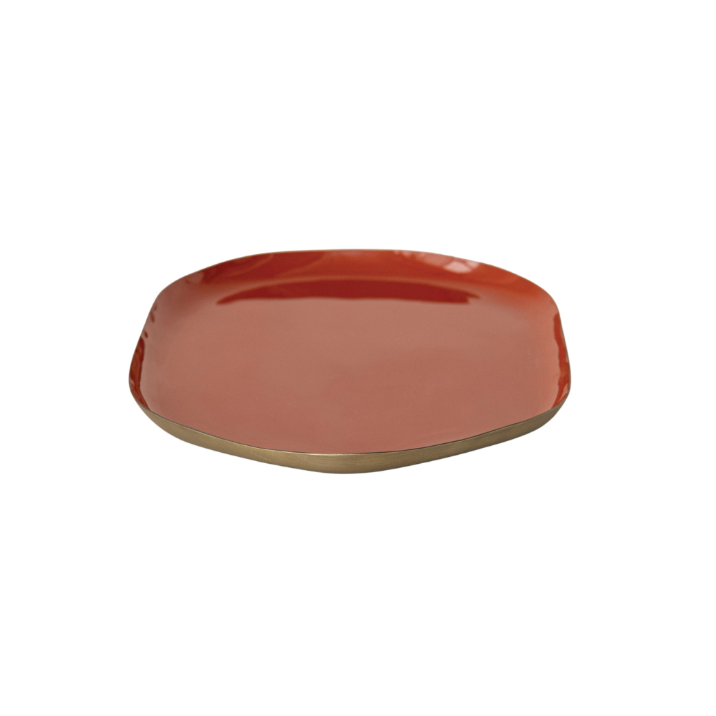 Enameled Metal Tray, Rust and Brass