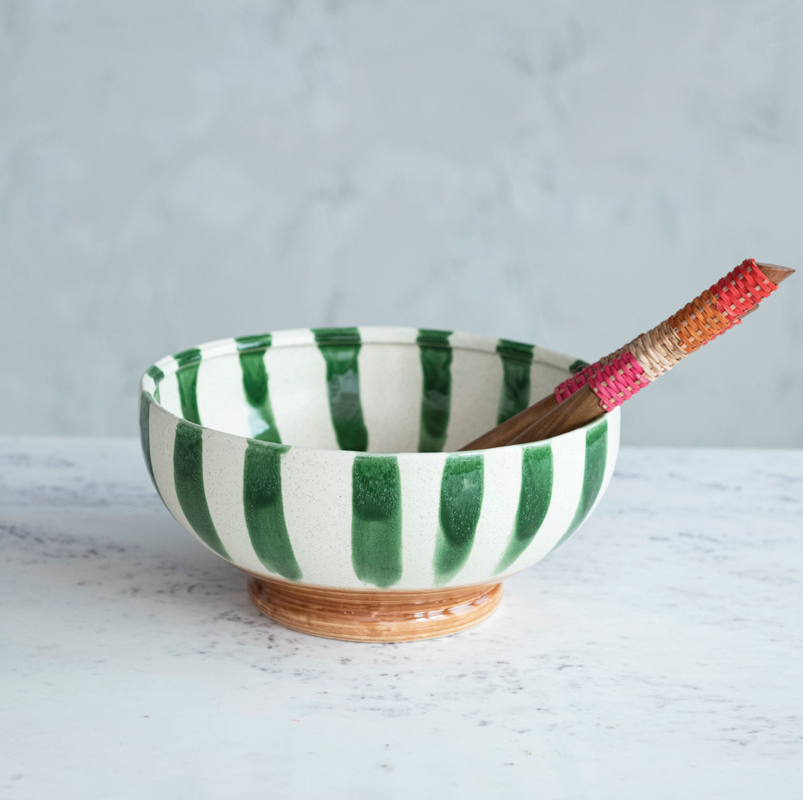 Green Striped Footed Serving Bowl