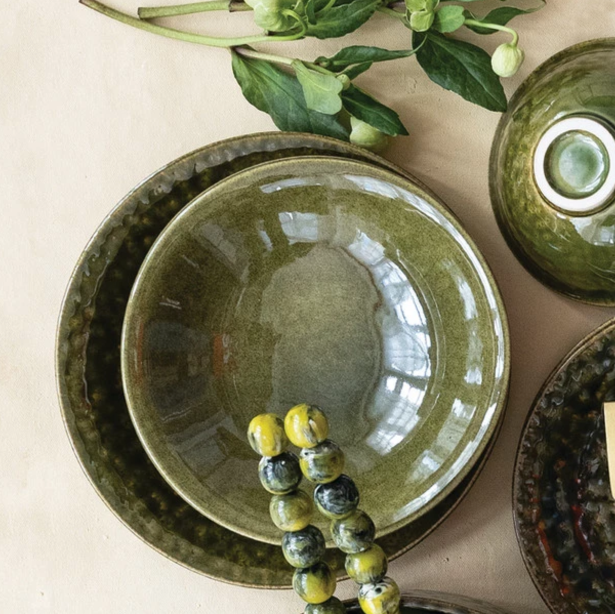 Moss Green Shallow Serving Bowl