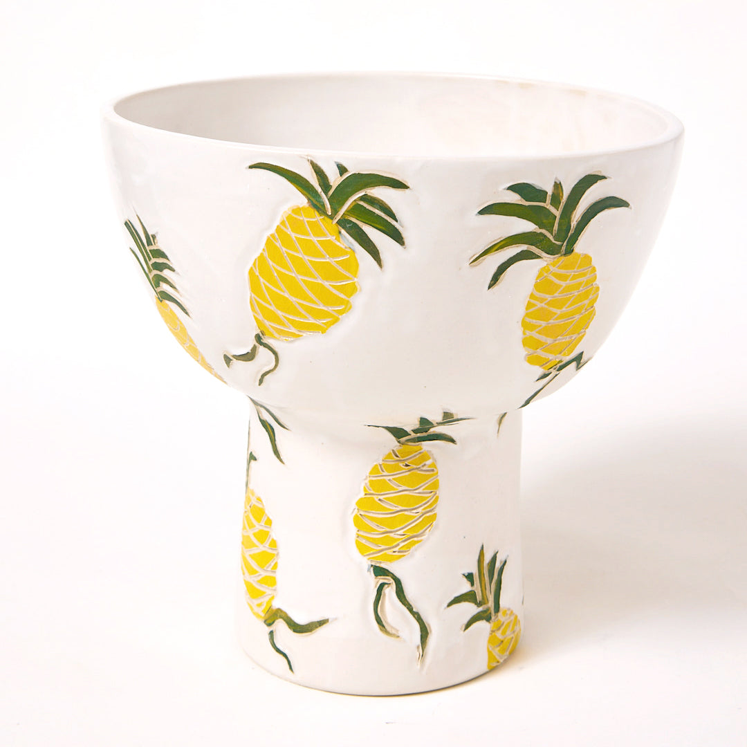 Hand Carved Pedestal Bowl, Pineapples