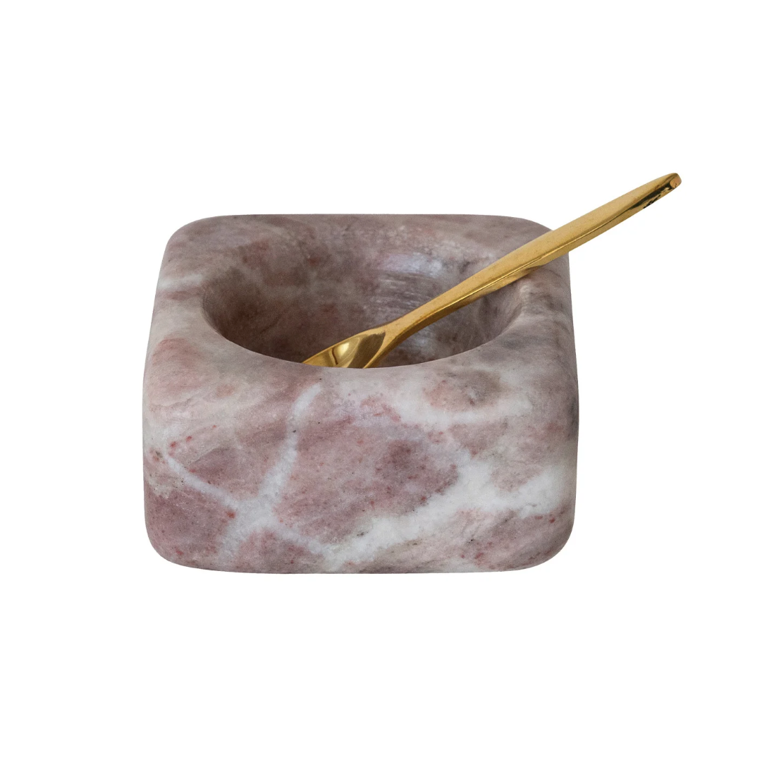 Pink Marble Bowl with Brass Spoon, Set of 2