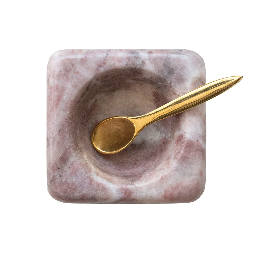 Pink Marble Bowl with Brass Spoon, Set of 2