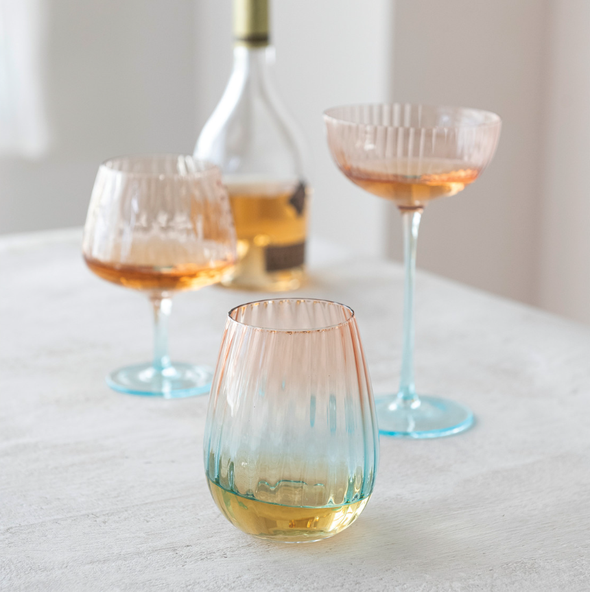 Pink Ribbed Stemless Wine Glass