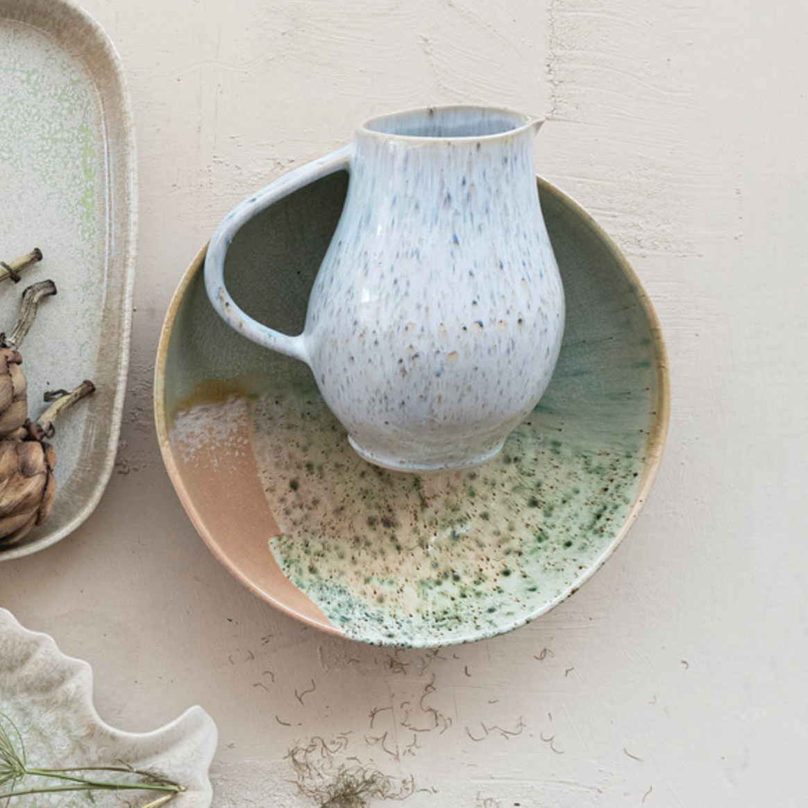 Pink Stoneware Serving Bowl w/Aqua Crackle Glaze