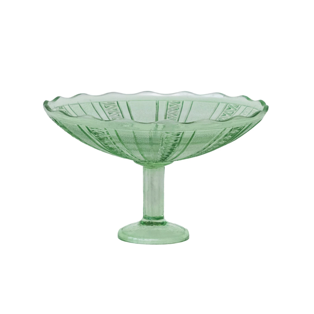 Pressed Green Glass Footed Bowl