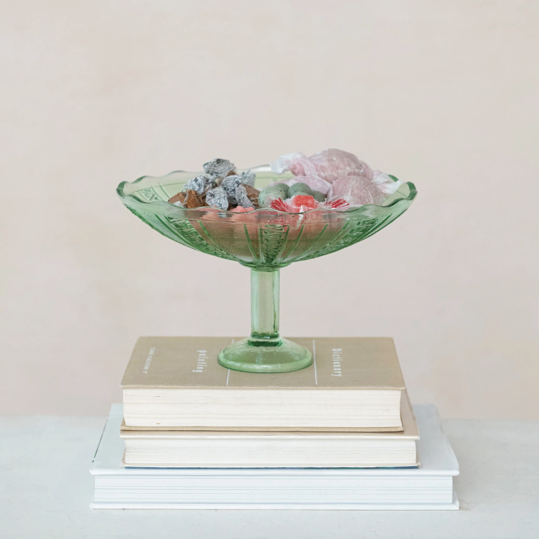 Pressed Green Glass Footed Bowl