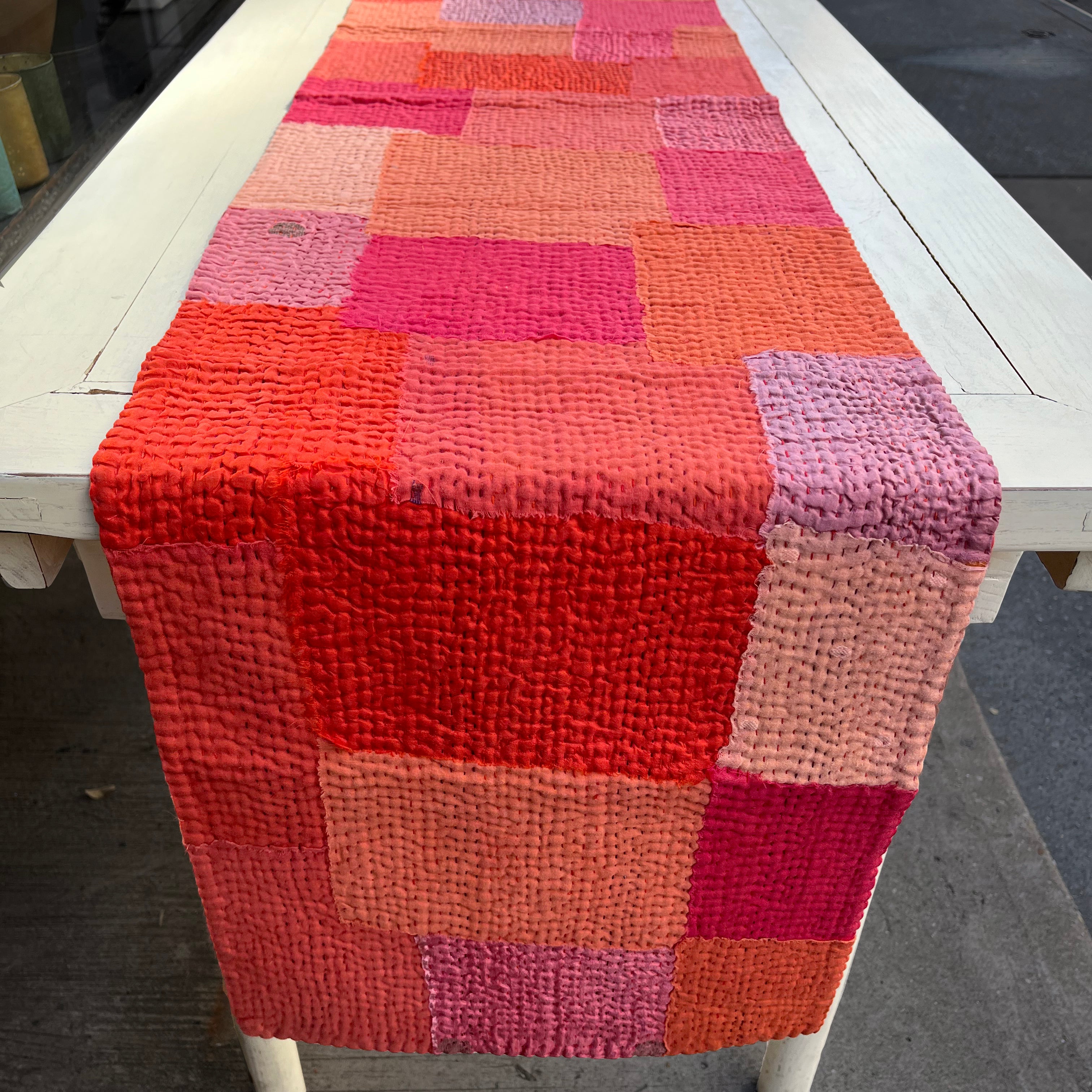 Handmade Vintage Kantha Table Runner, Carrot