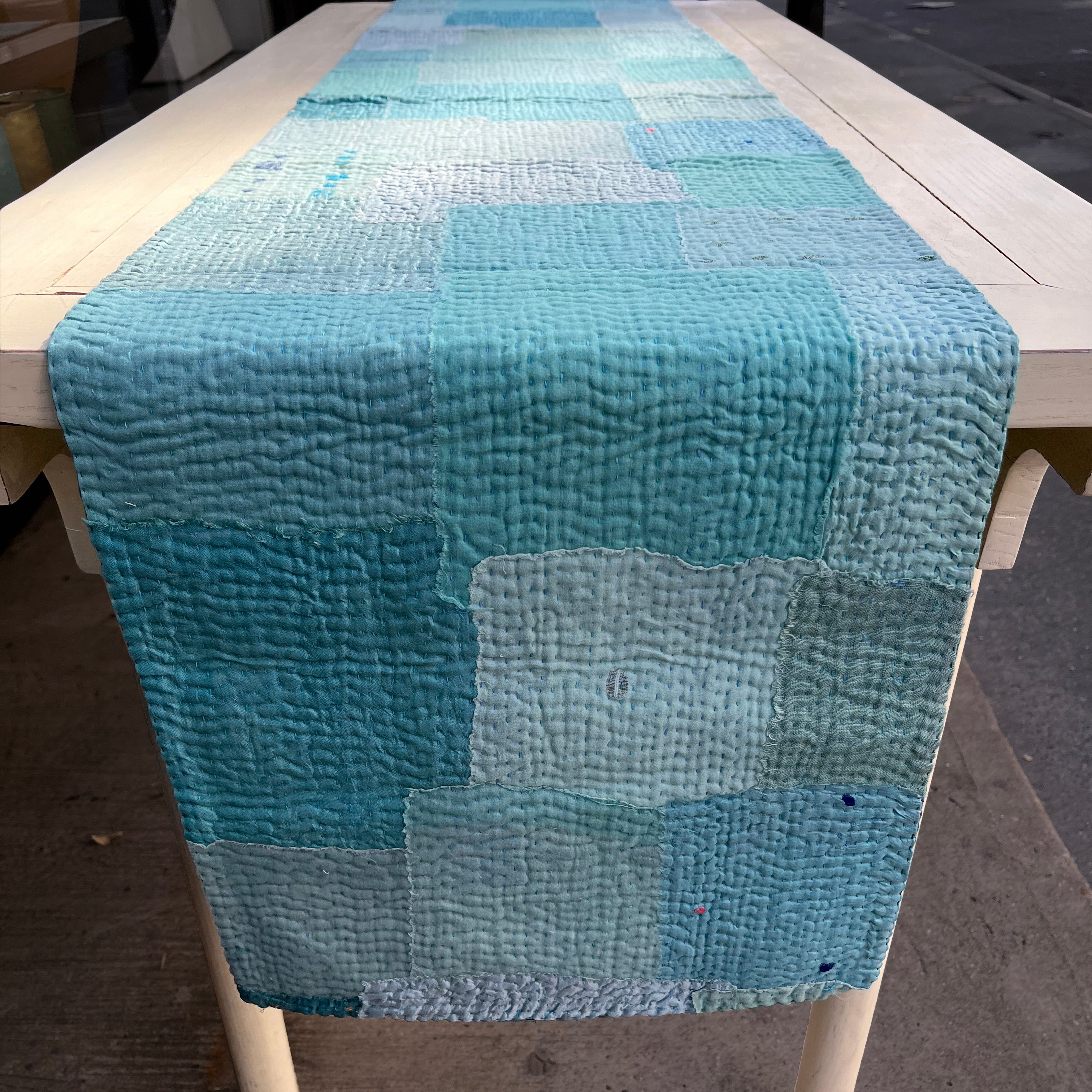 Handmade Vintage Kantha Table Runner, Cornflower