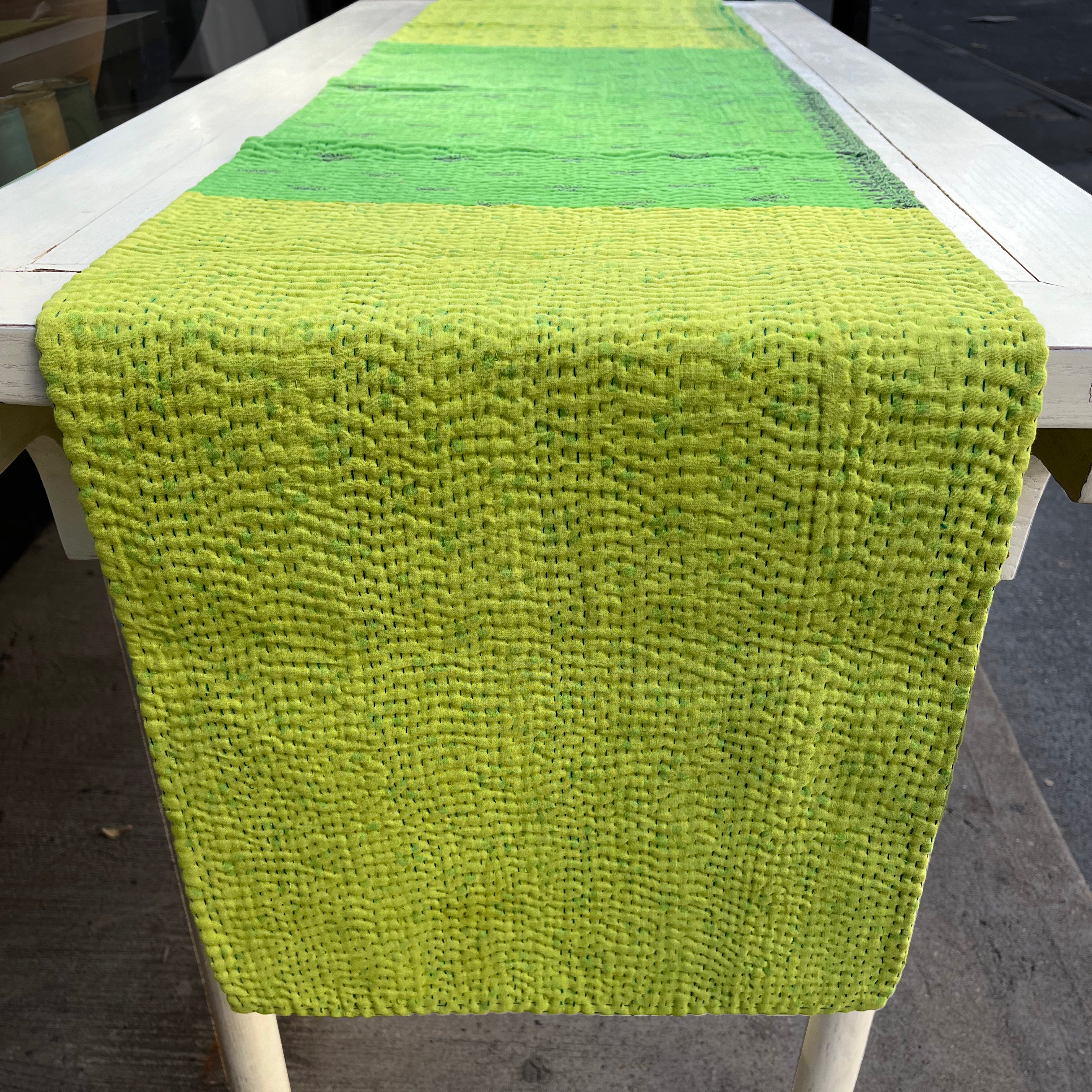 Handmade Vintage Kantha Table Runner, Lime Green