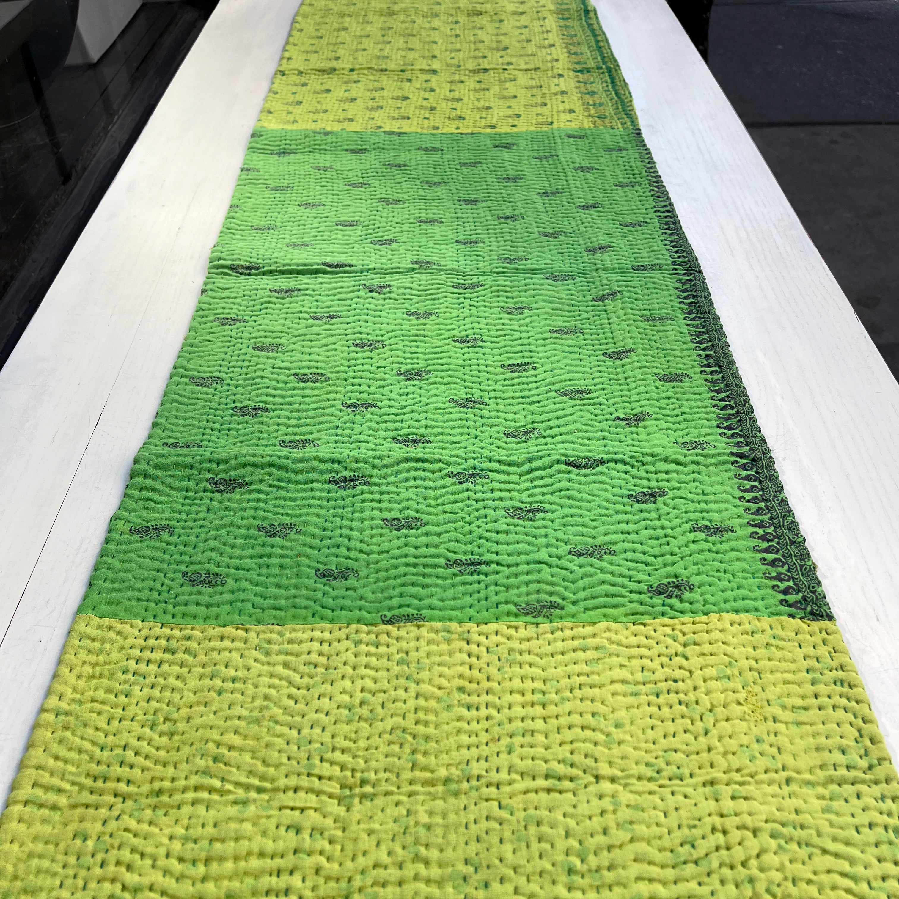 Handmade Vintage Kantha Table Runner, Lime Green