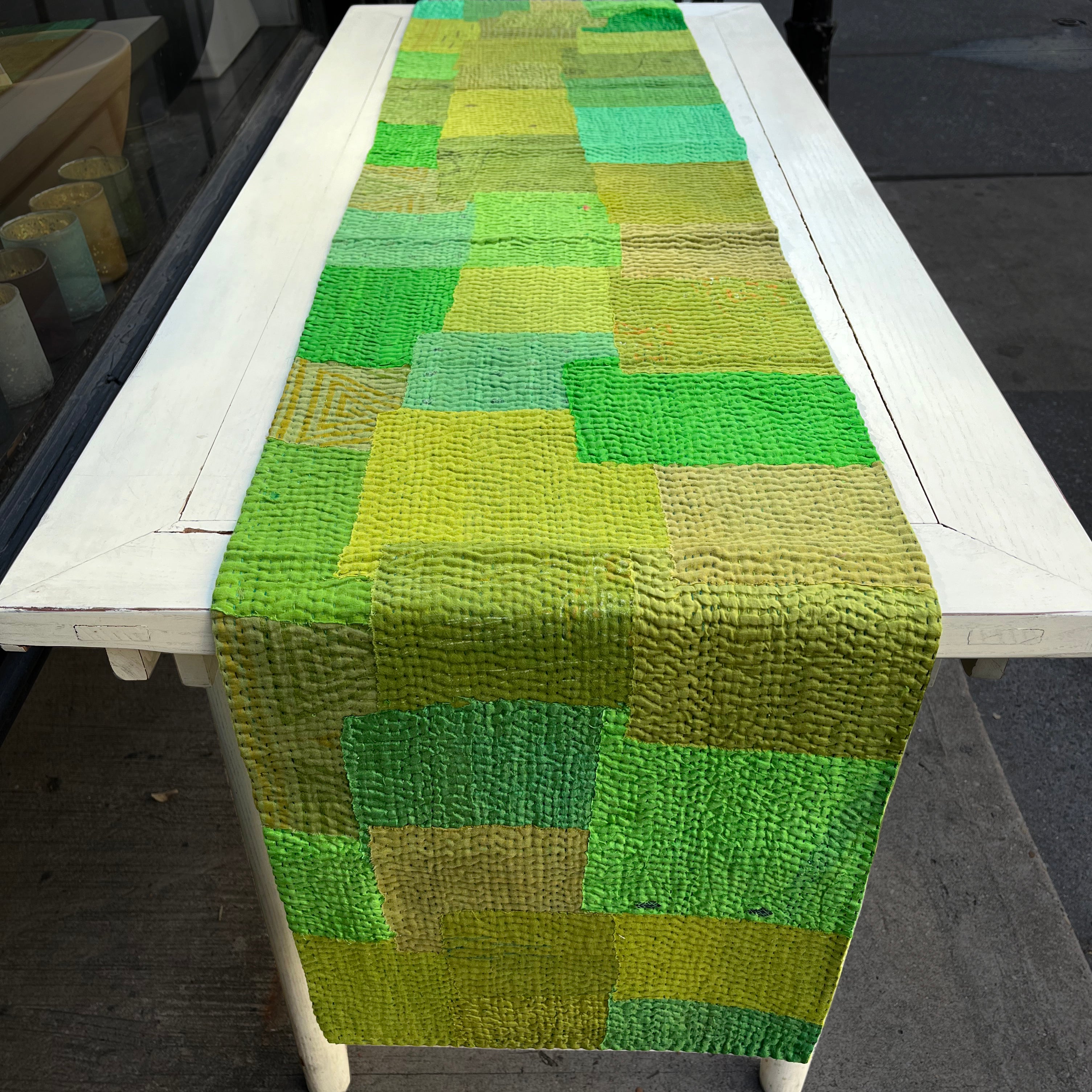 Handmade Vintage Kantha Table Runner, Lime Green