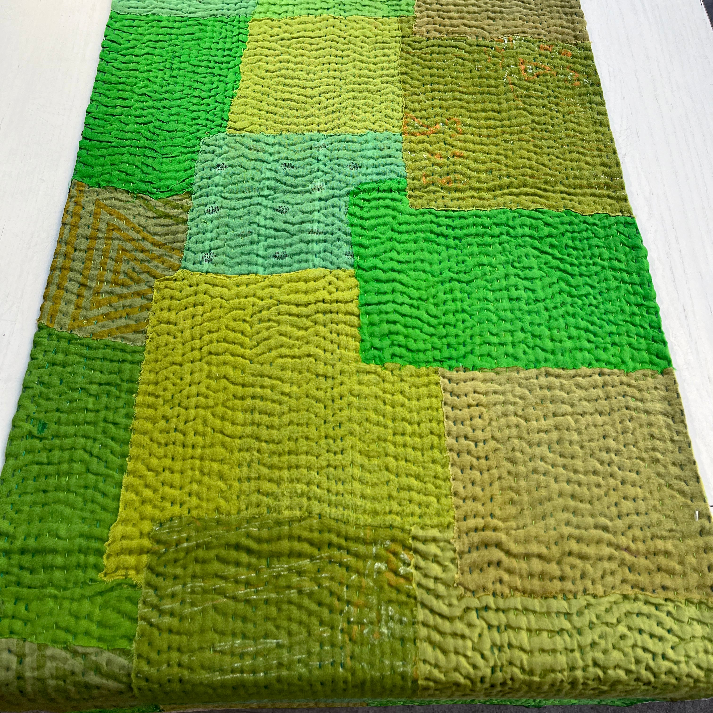 Handmade Vintage Kantha Table Runner, Lime Green