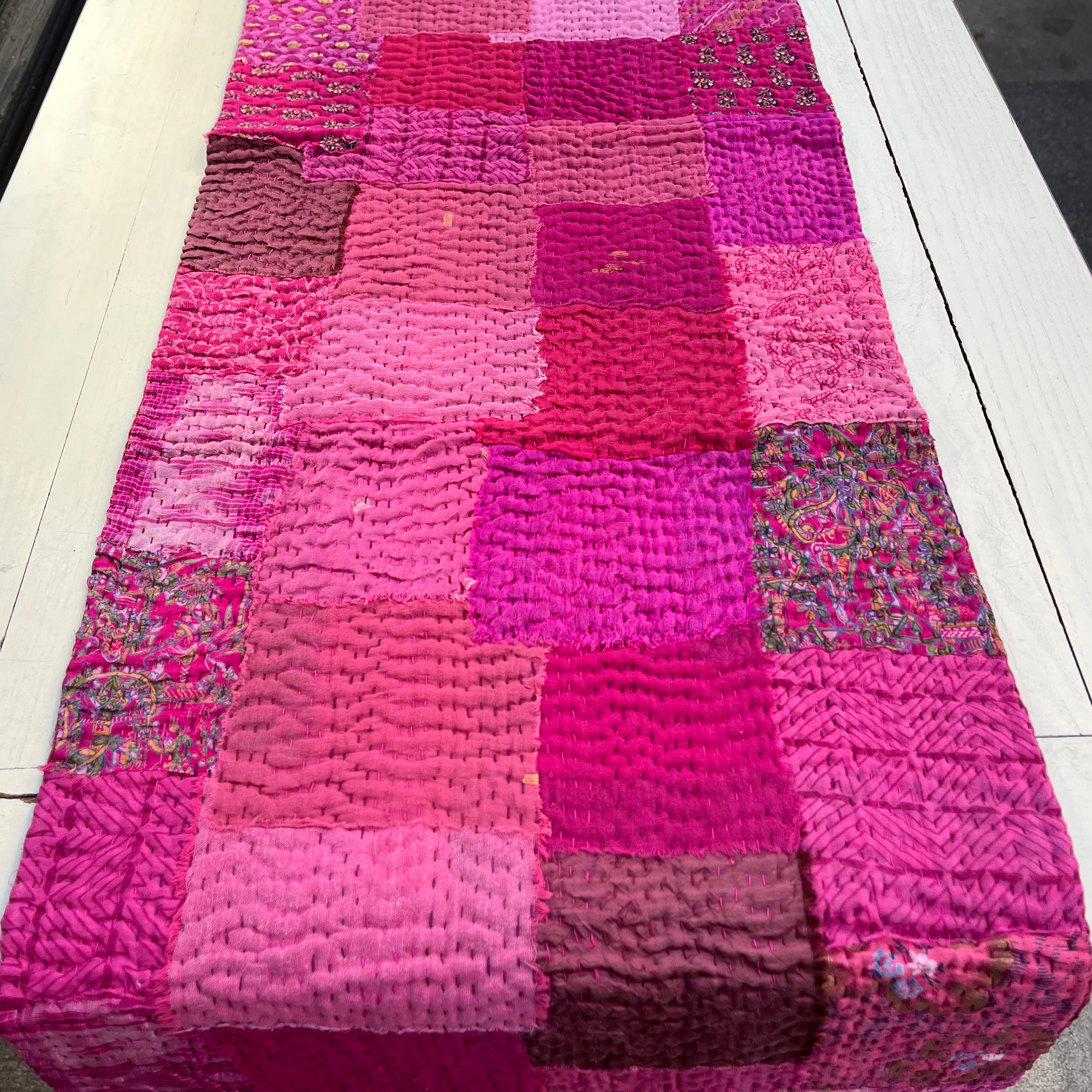 Handmade Vintage Kantha Table Runner, Pink