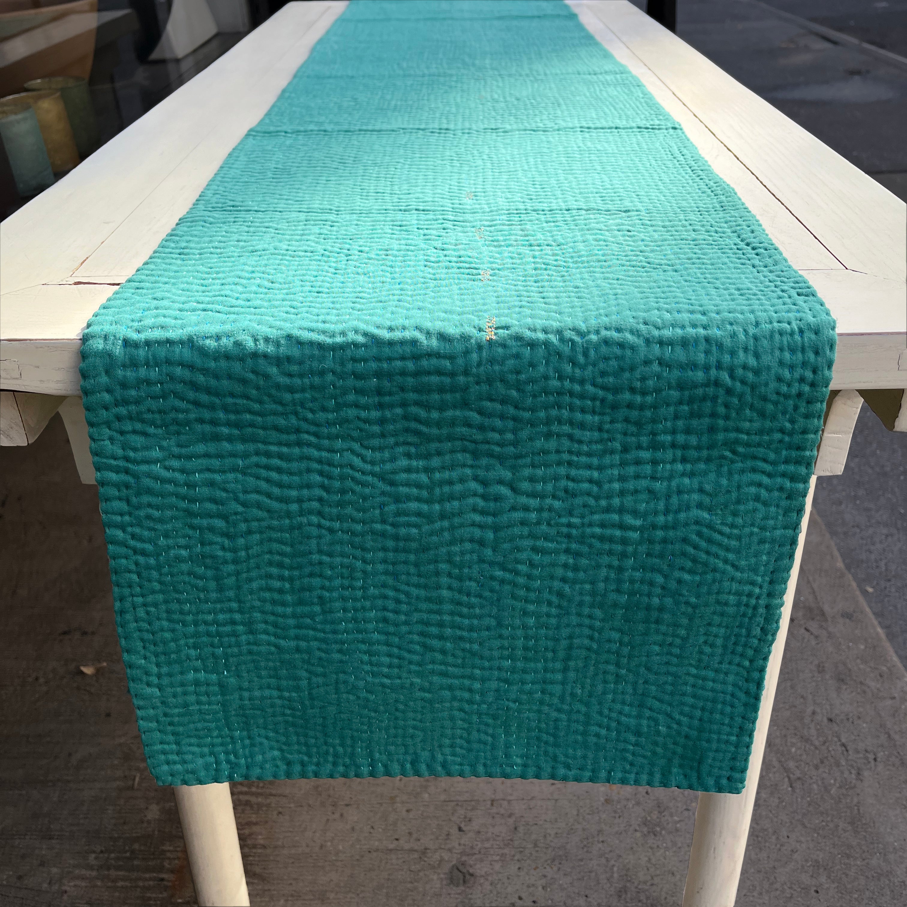 Handmade Vintage Kantha Table Runner, Sage