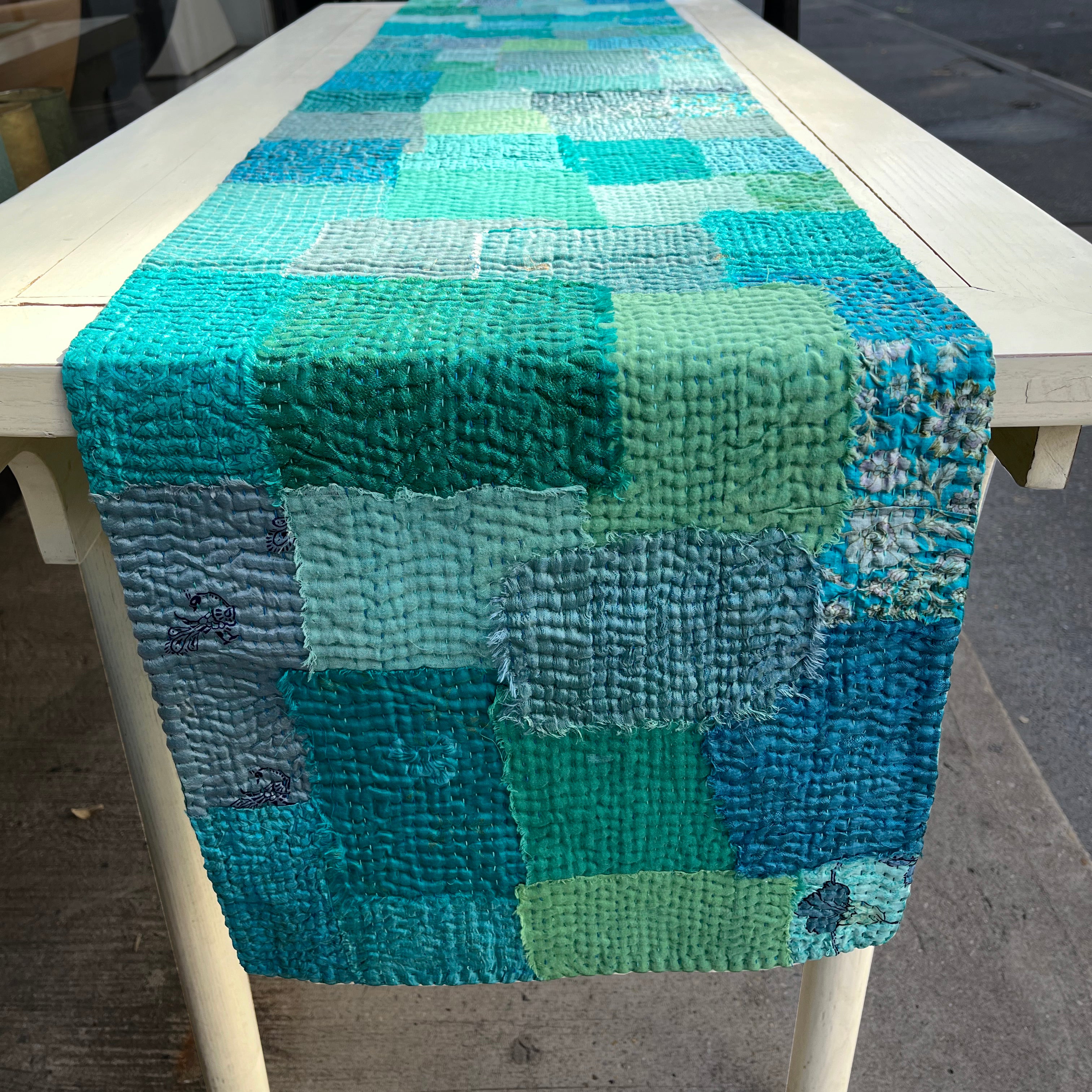 Handmade Vintage Kantha Table Runner, Sage