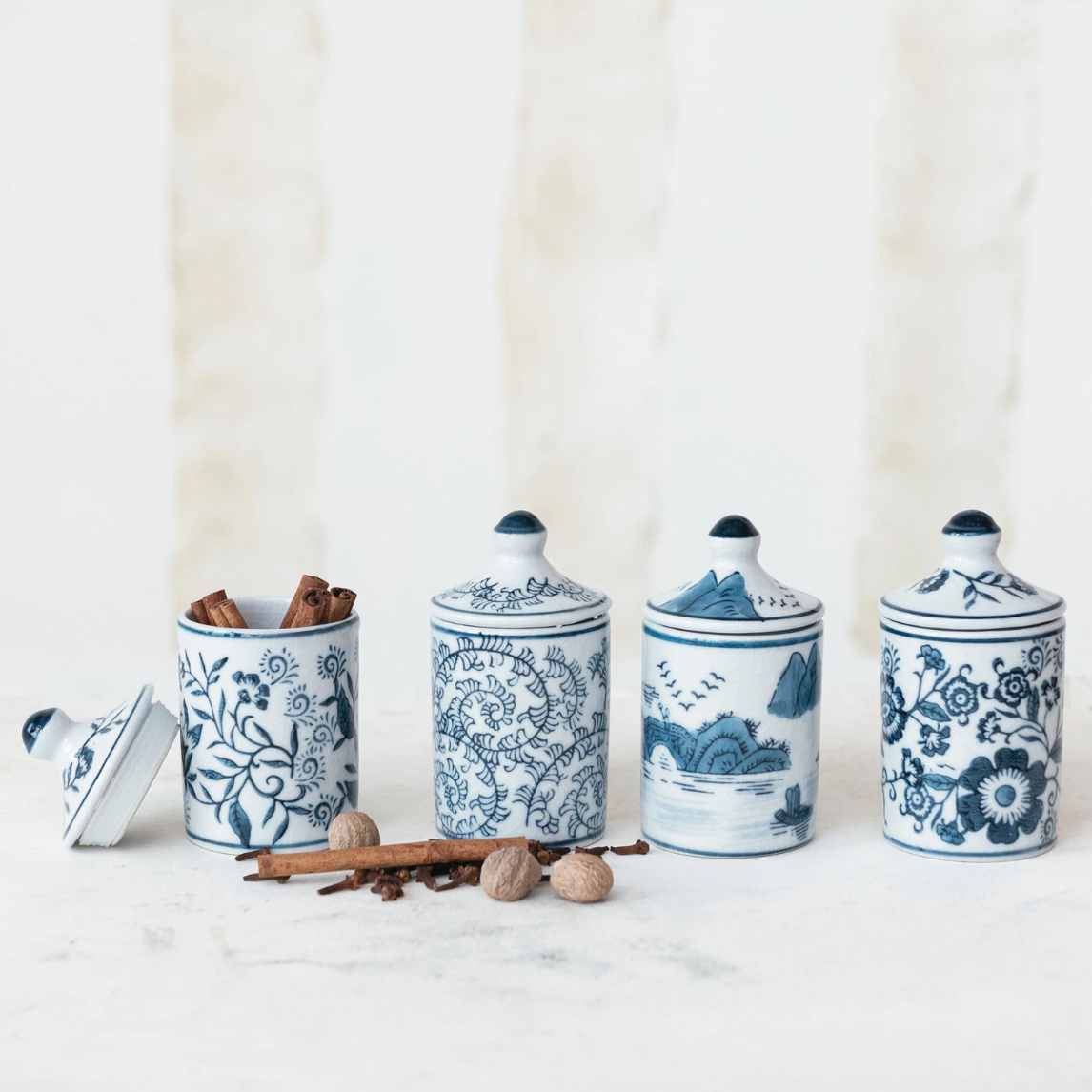 Hand Painted Blue & White Stoneware Spice Jar