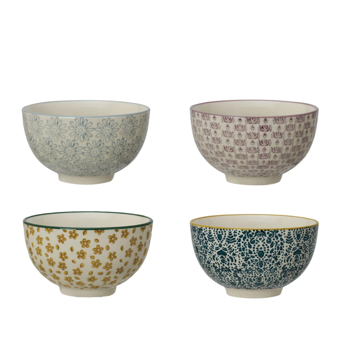 Hand Stamped Stoneware Bowls S/4