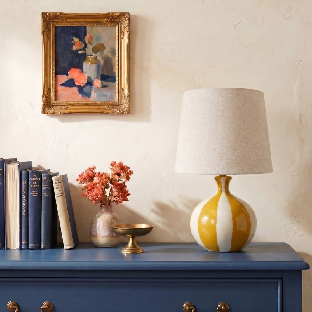Hand Painted Striped Table Lamp w/ Linen Shade