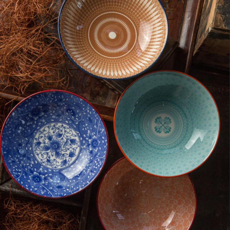 Floral Ceramic Bowls with Colored Rim